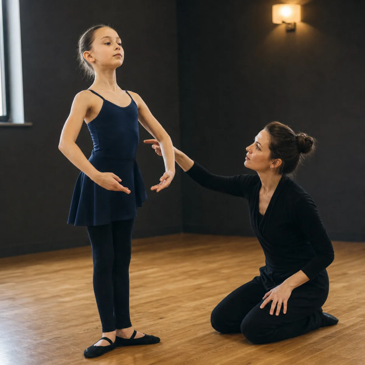 A young dancer working on posture with a patient instructor at S-Style Dance Team