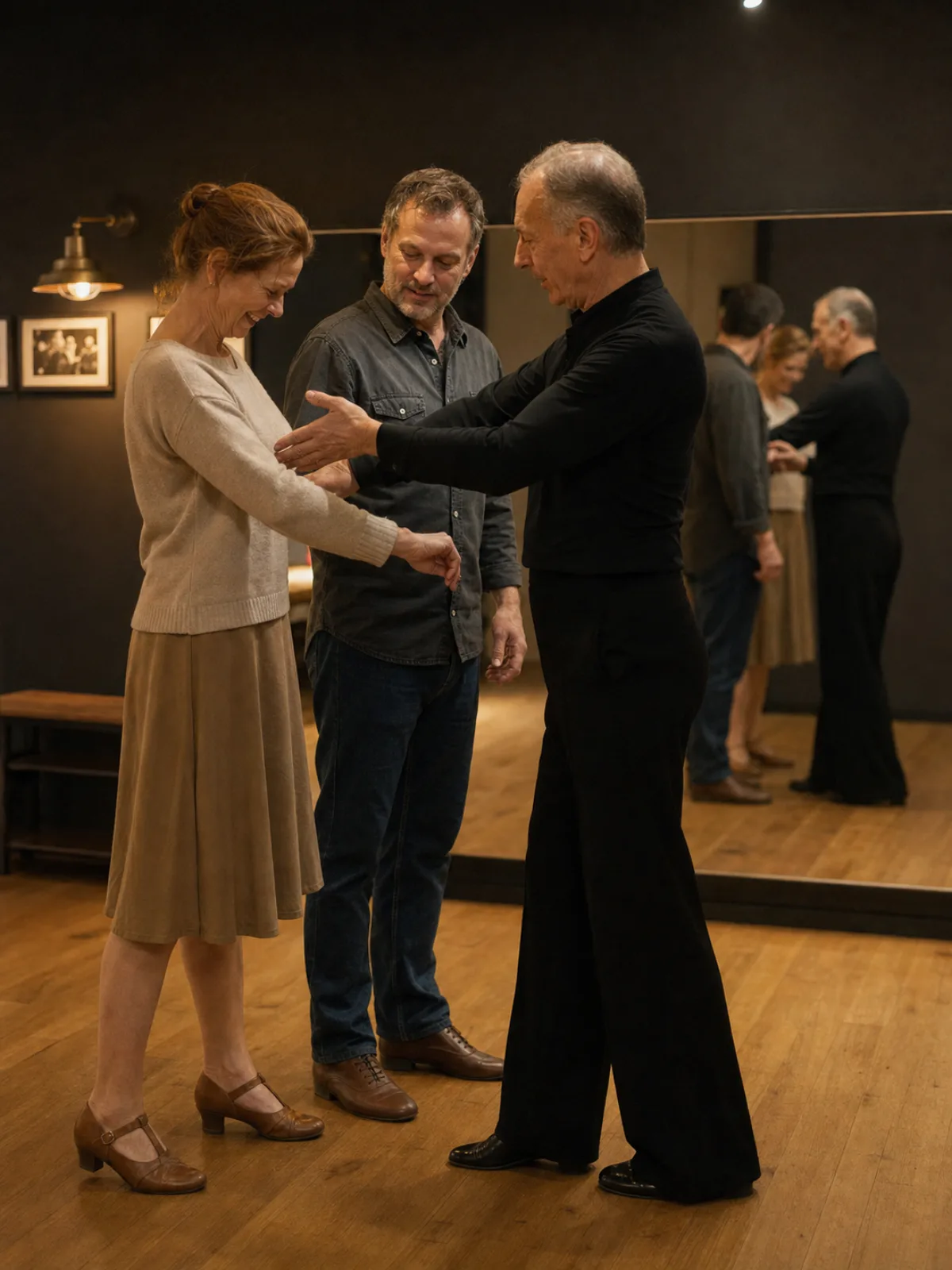A couple in their first lesson at S-Style Dance Team, with an instructor demonstrating a ballroom frame