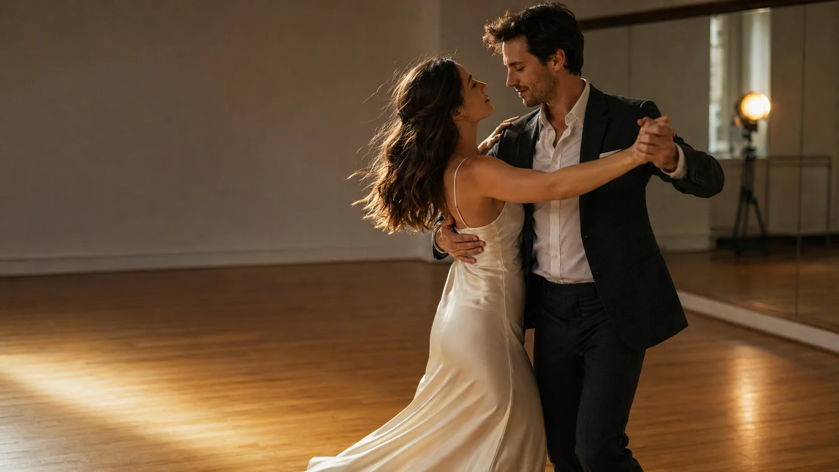 A couple in a foxtrot frame in a studio with warm wood floors and a single tungsten lamp glow